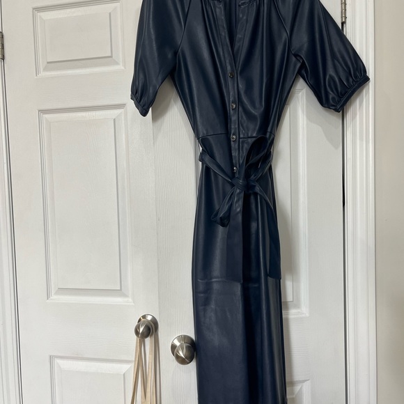 Ann Taylor Navy Faux-Leather Button-Front Midi Dress with Tie Waist - Picture 2 of 8